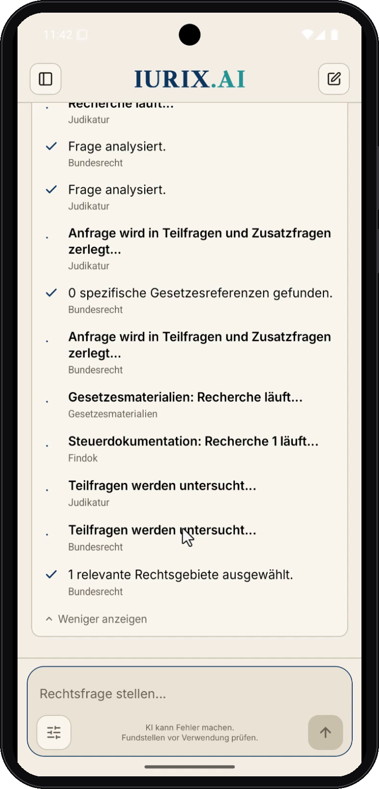 Phasenliste der IURIX-Recherche im Detail: Frage analysiert, in Teilfragen zerlegt, Recherche je Quelle (u. a. Gesetzesmaterialien).