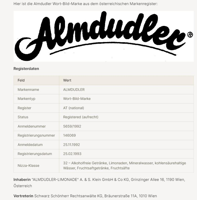 RITA zeigt die Almdudler Wort-Bild-Marke: das Markenbild groß, darunter die Registerdaten-Tabelle mit Anmeldenummer 5659/1992, Registrierungsnummer 146069, Nizza-Klasse 32, Status Registered, sowie Inhaberin mit Adresse und Vertreterin.